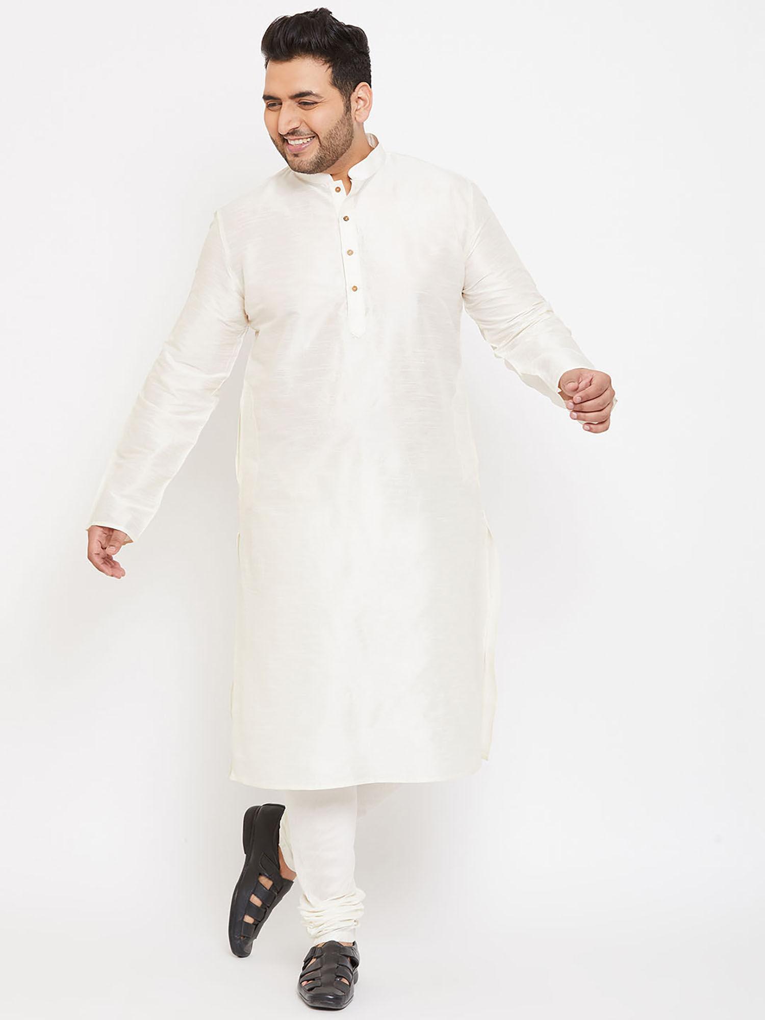 men cream silk blend kurta pyjama (set of 2)
