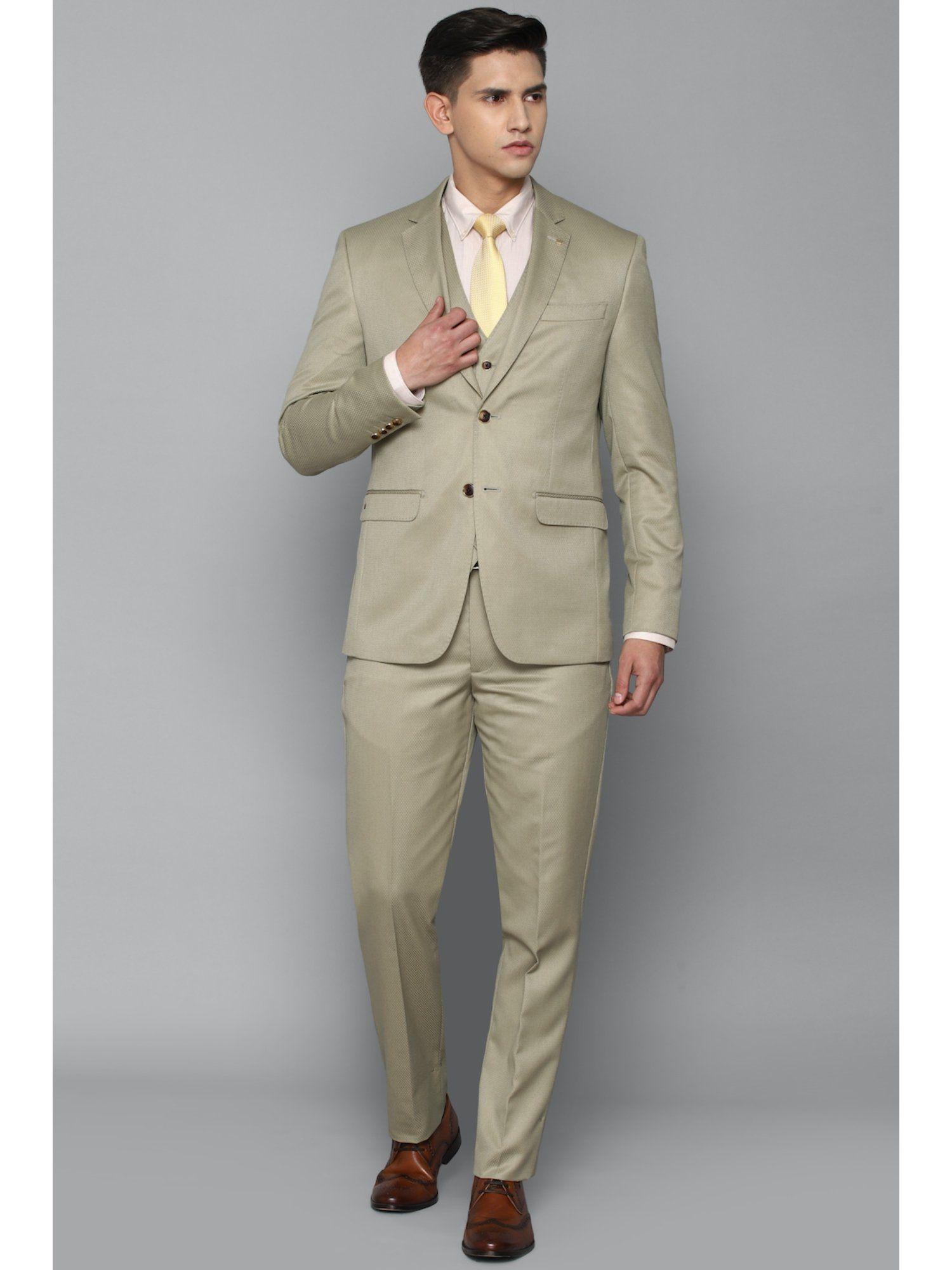men cream slim fit textured formal three piece suit (set of 3)