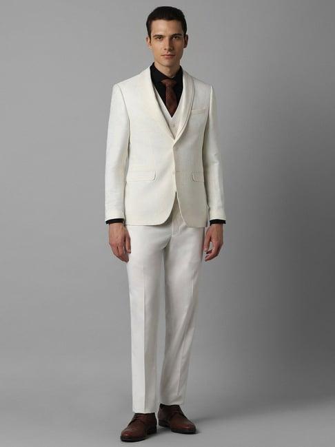 men cream slim fit textured party three piece suit