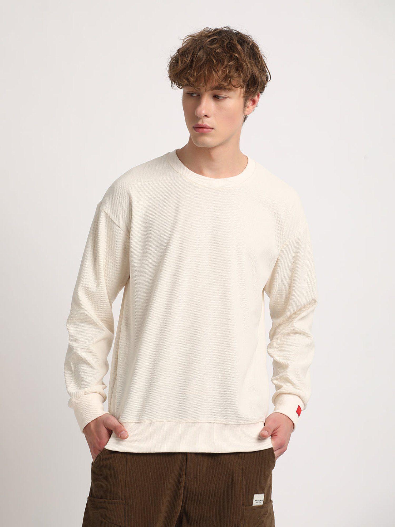 men cream solid relaxed fit sweatshirt