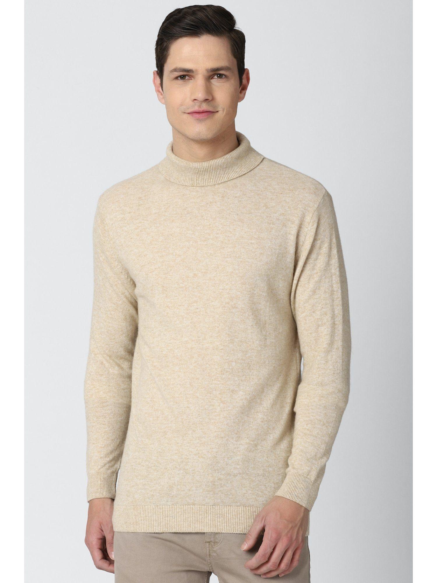 men cream solid stylized neck sweater