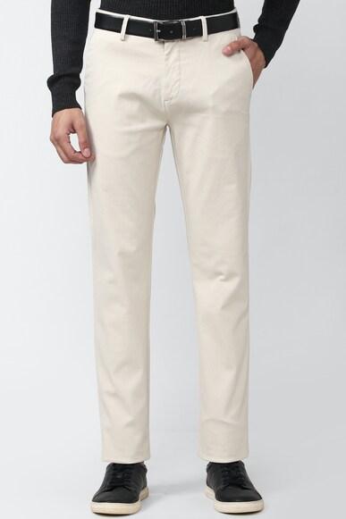 men cream solid super slim fit casual trousers