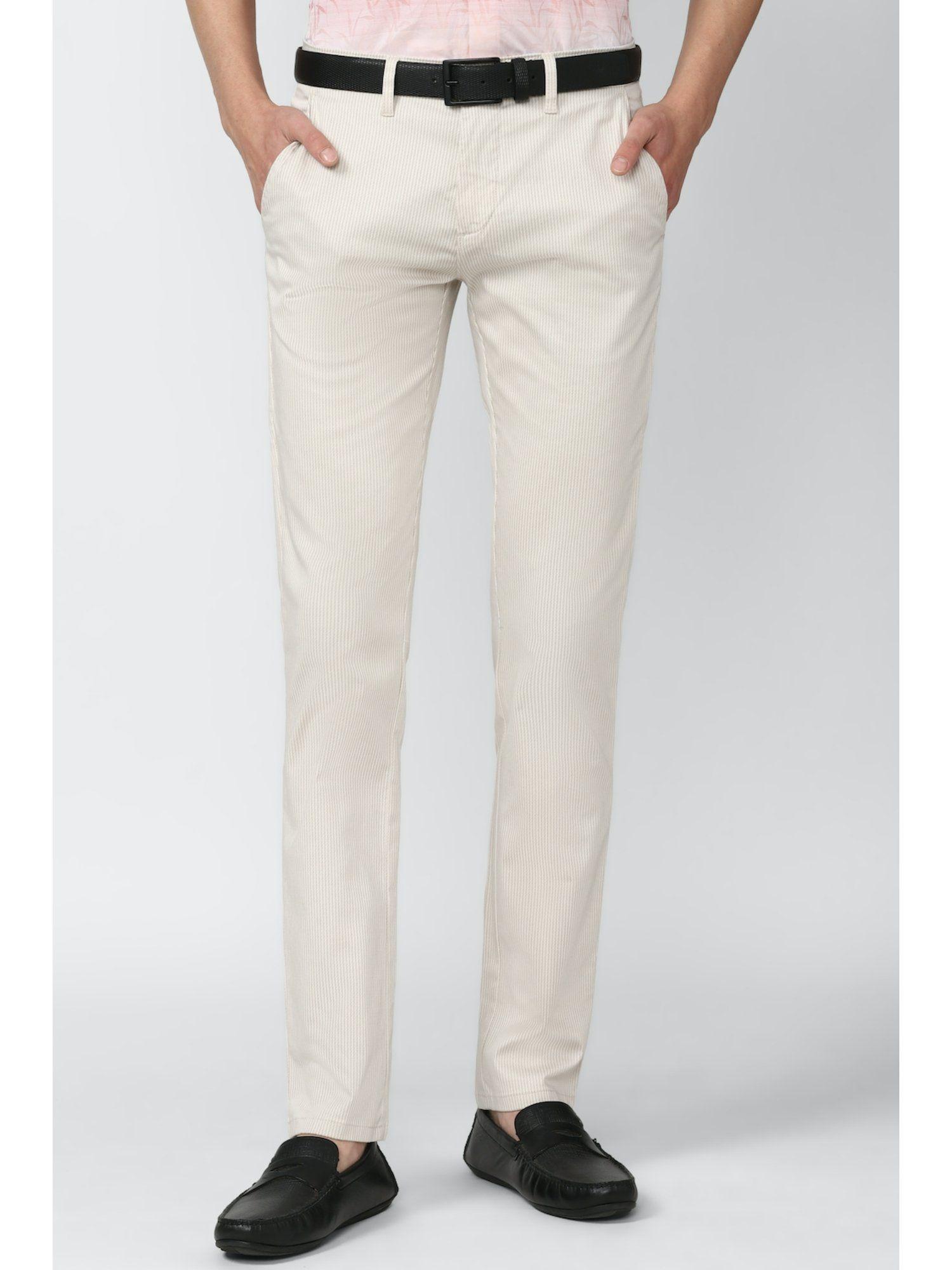 men cream stripe slim fit trousers