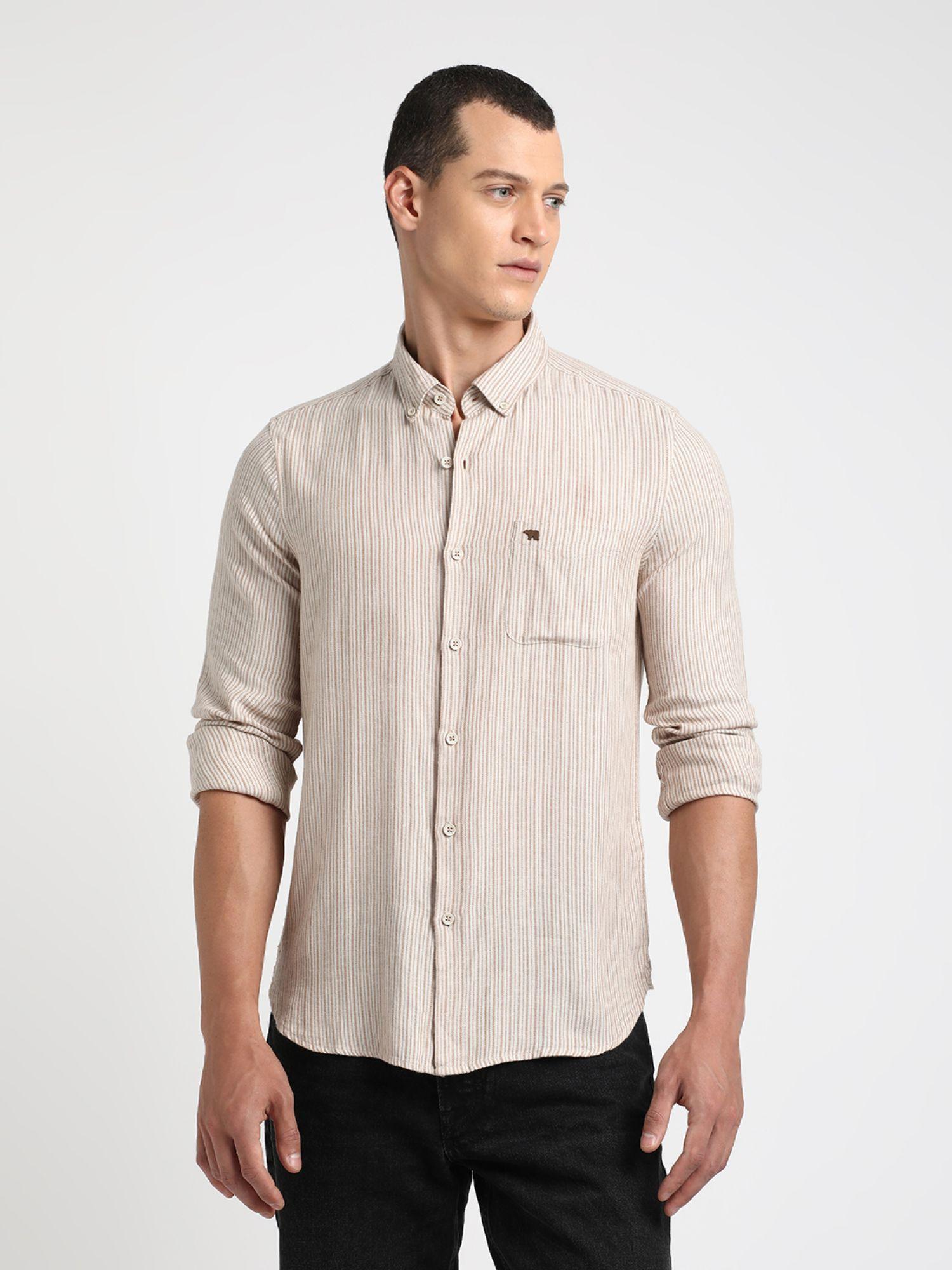 men cream striped slim fit cotton linen casual shirt