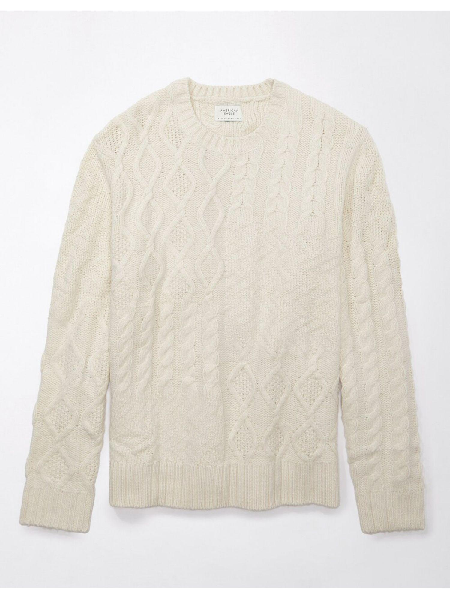 men cream super soft patchwork cable knit crewneck sweater