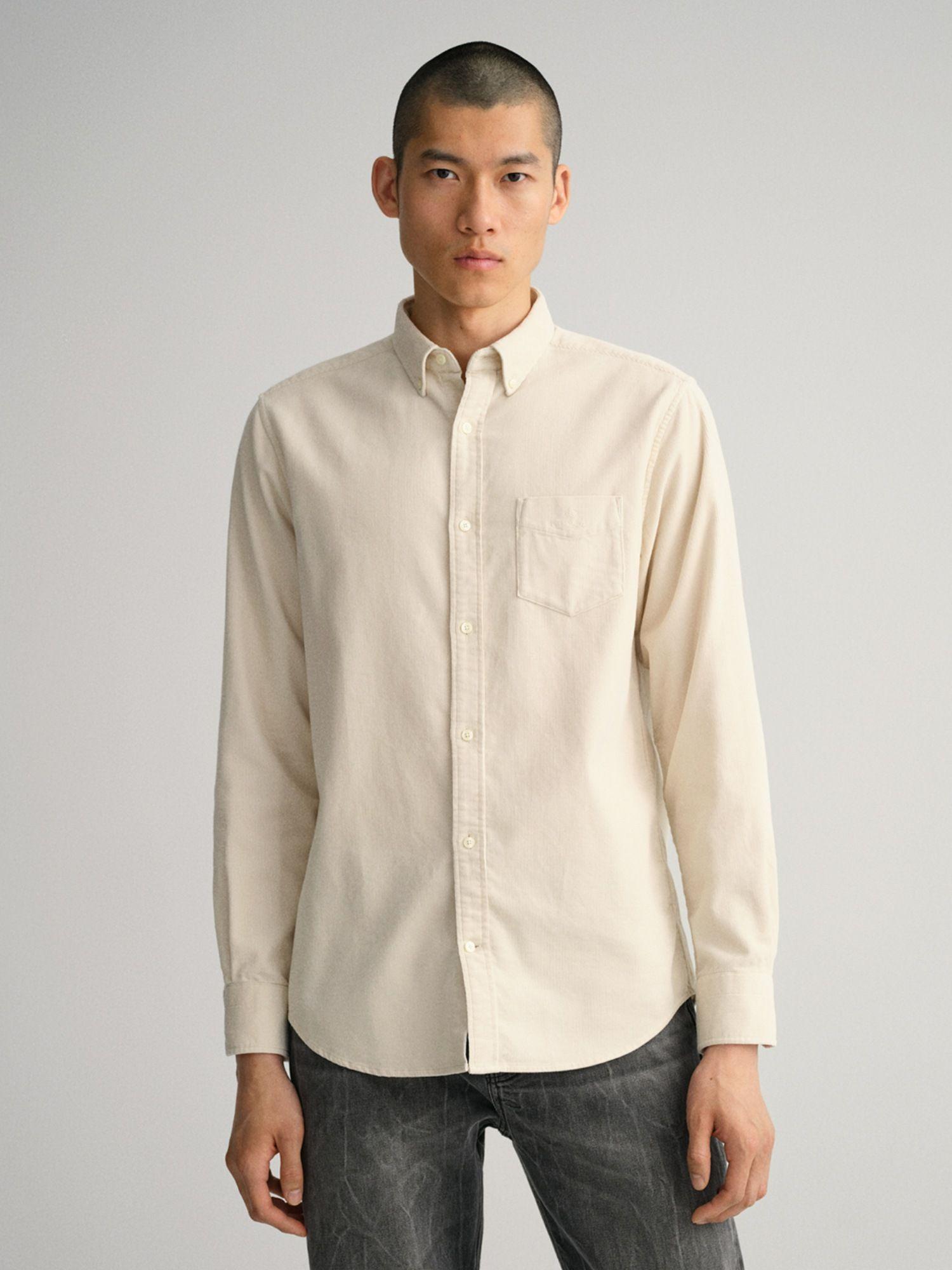 men cream textured regular fit shirt