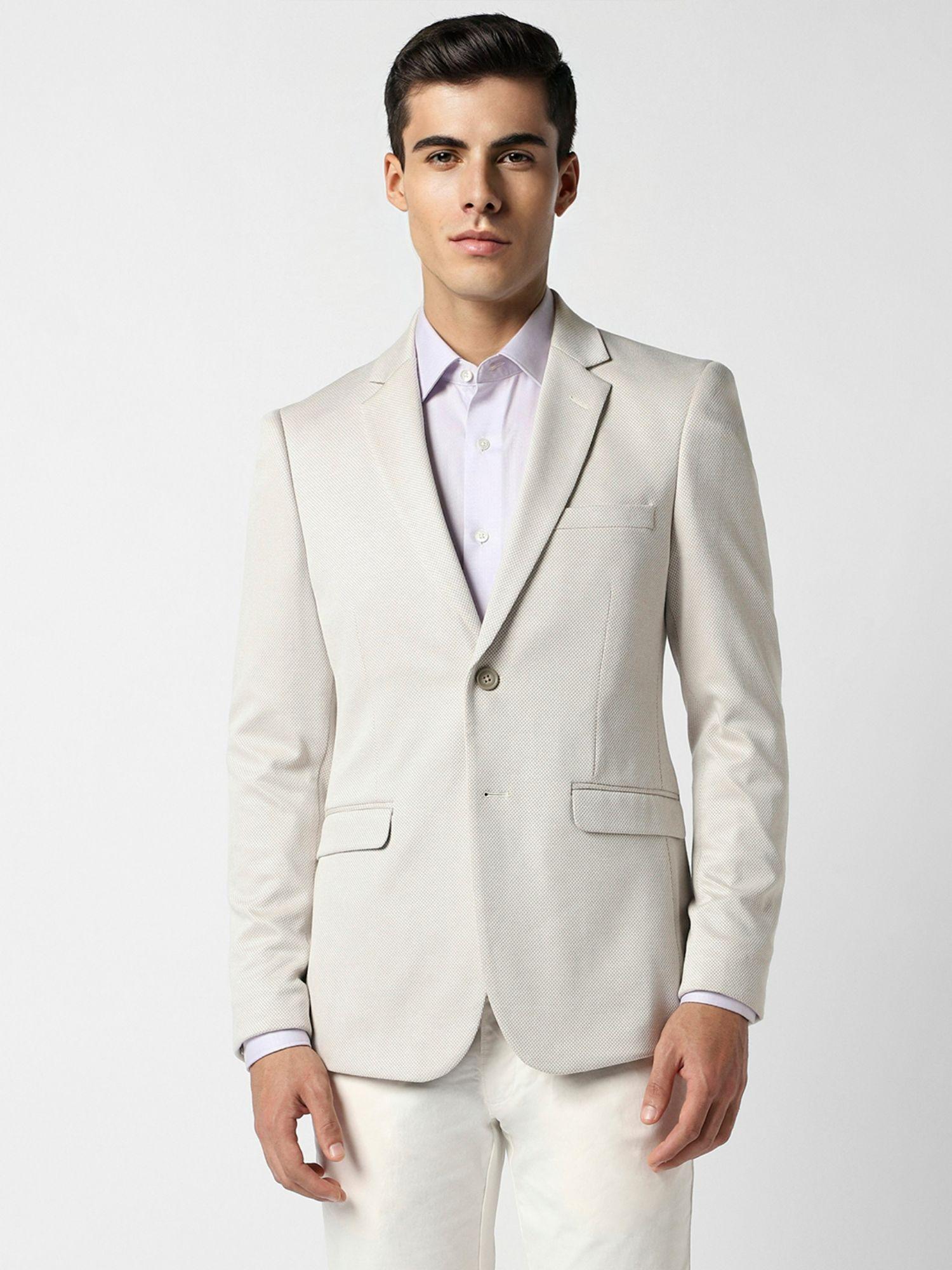 men cream textured ultra slim fit formal blazer