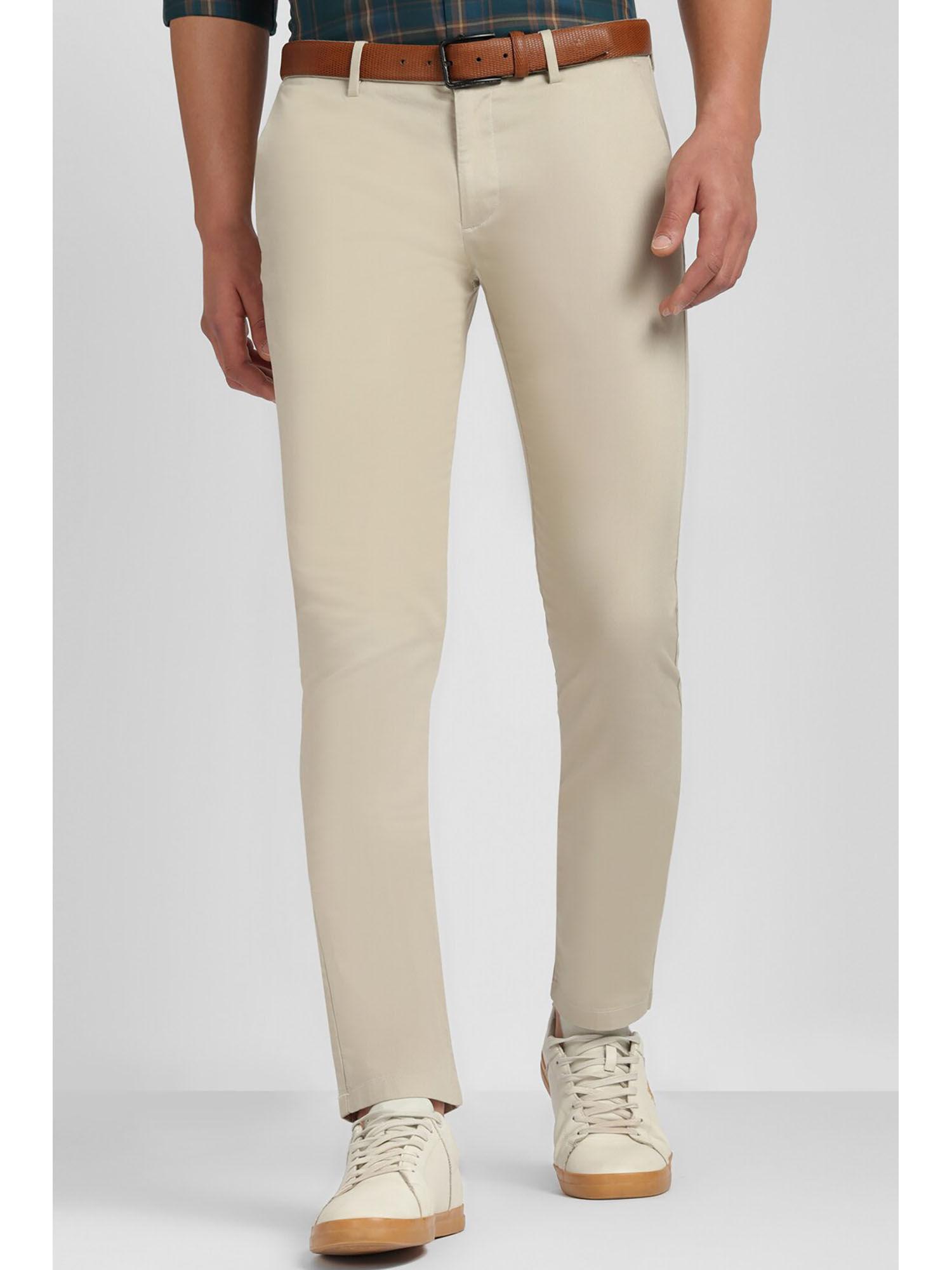 men cream ultra slim fit solid casual trousers