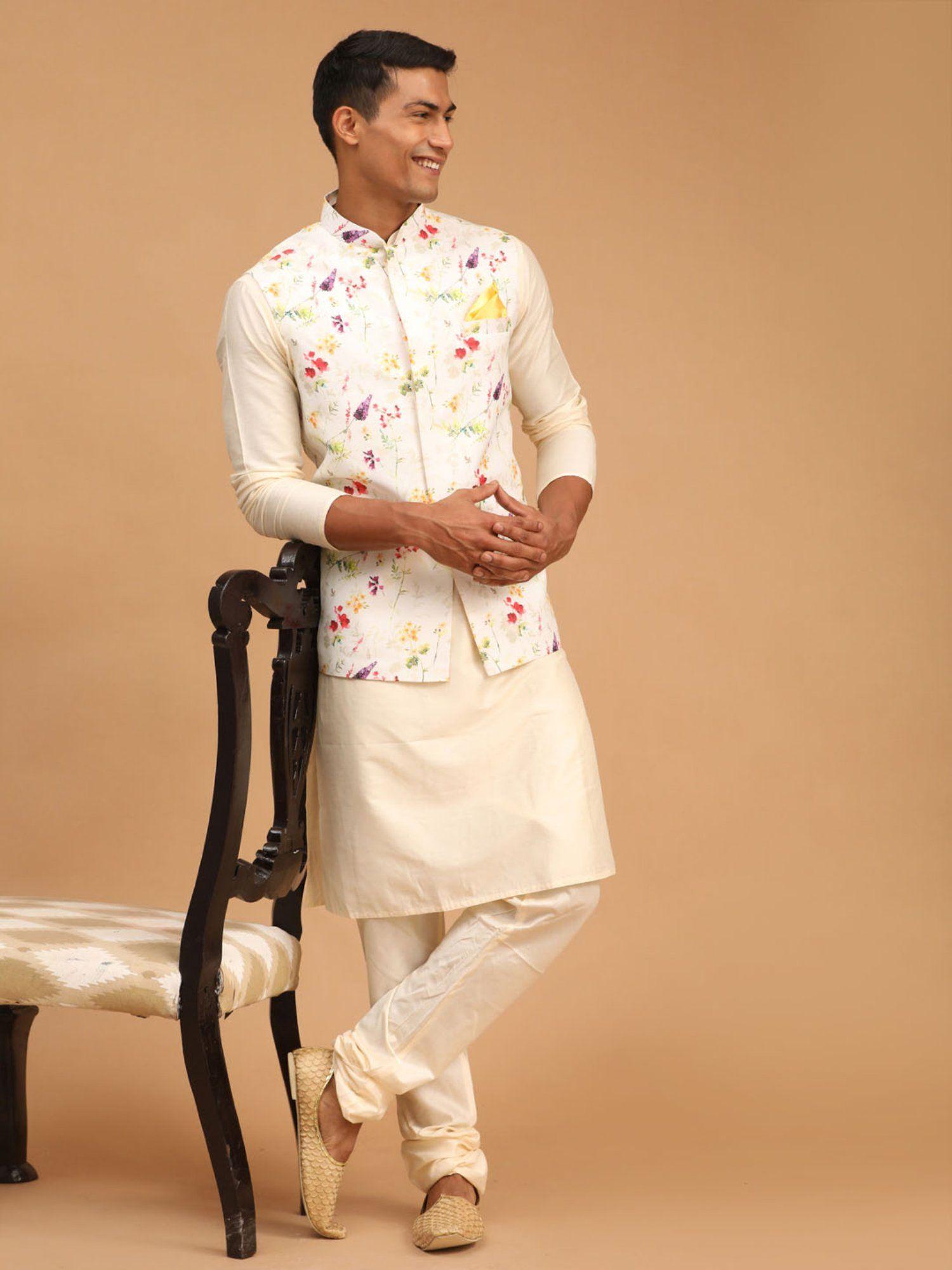 men cream viscose jacket, kurta and pyjama (set of 3)