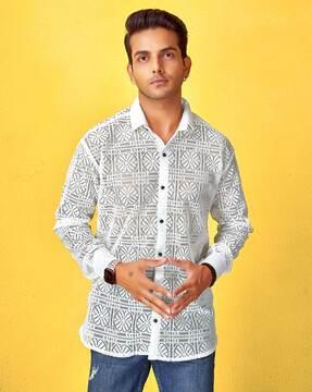 men crochet relaxed fit shirt with spread collar