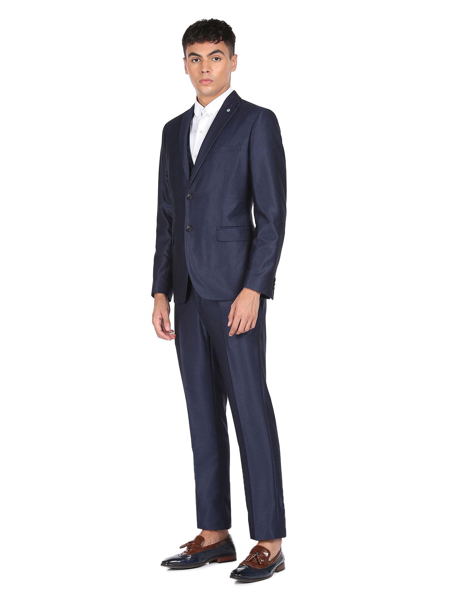 men dark blue body tailored regular fit patterned weave three piece suit (set of 3)