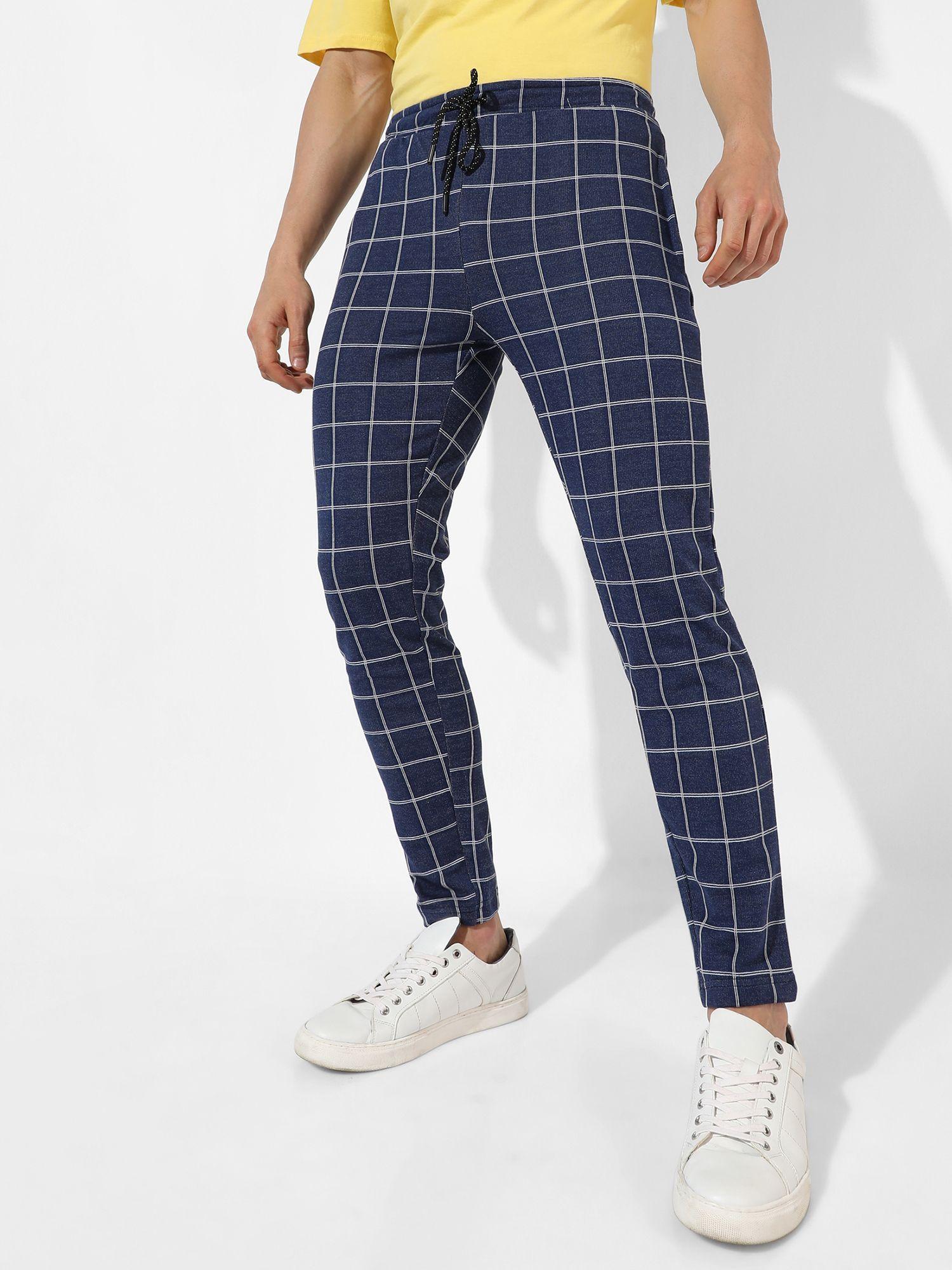men dark blue checkered regular fit trackpants