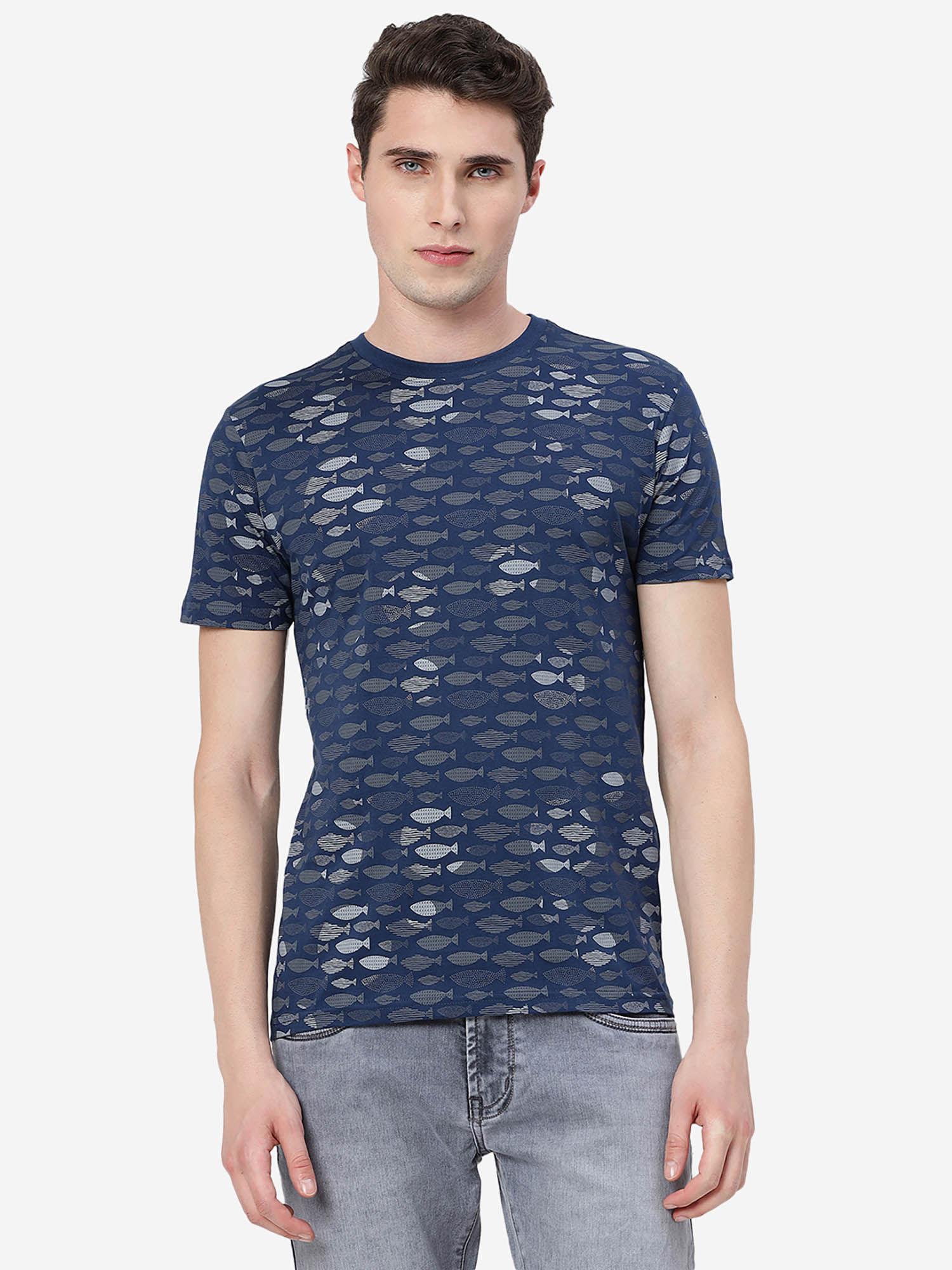 men dark blue cotton blend slim fit printed t-shirt