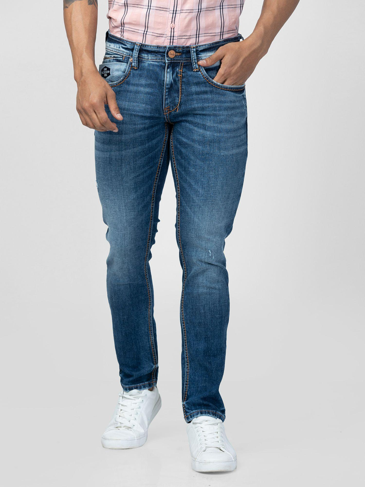 men dark blue cotton slim fit narrow length jeans (skinny)