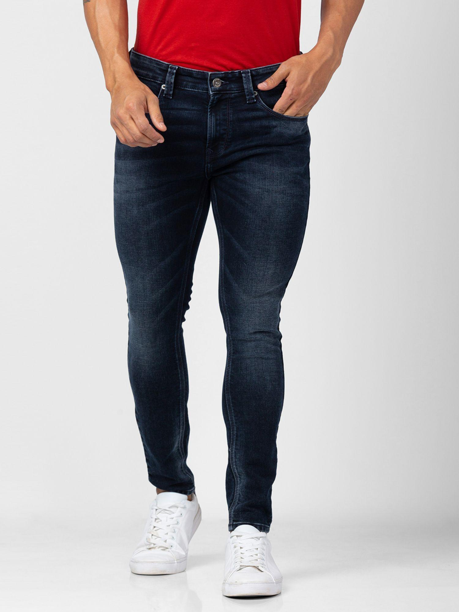 men dark blue cotton slim fit tapered length jeans (kano)