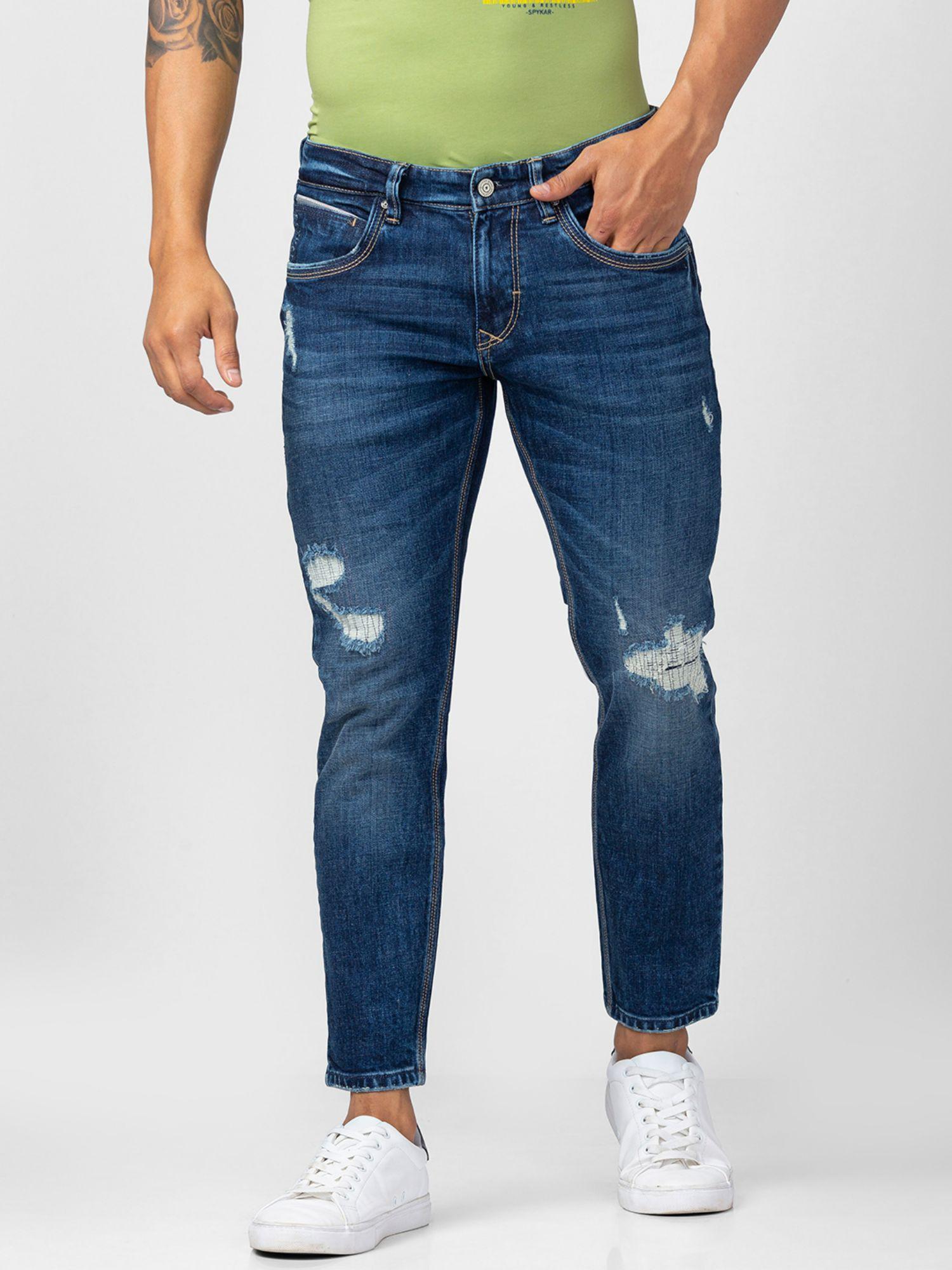men dark blue cotton slim fit tapered length jeans (kano)