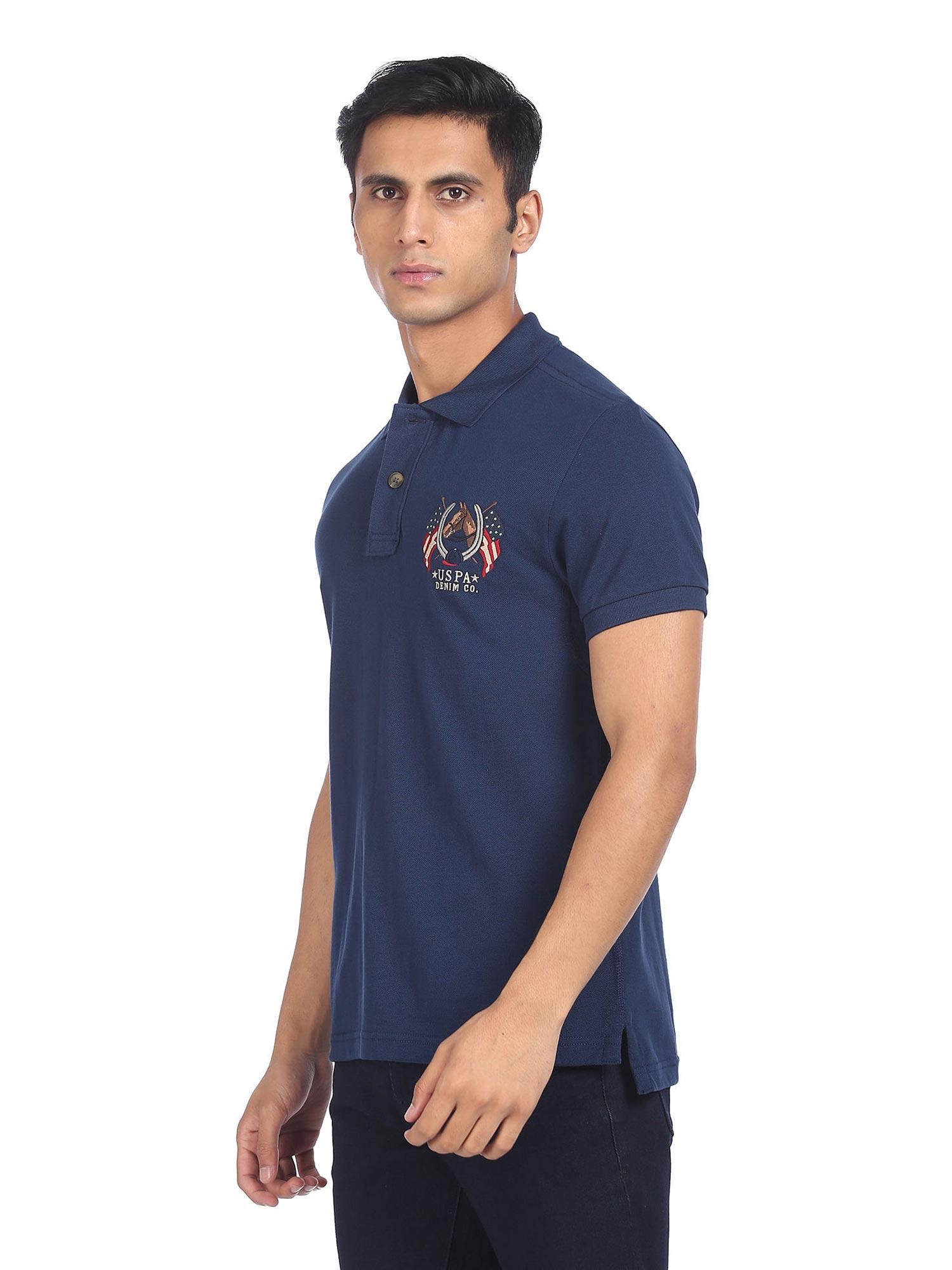 men dark blue cotton solid polo t-shirt