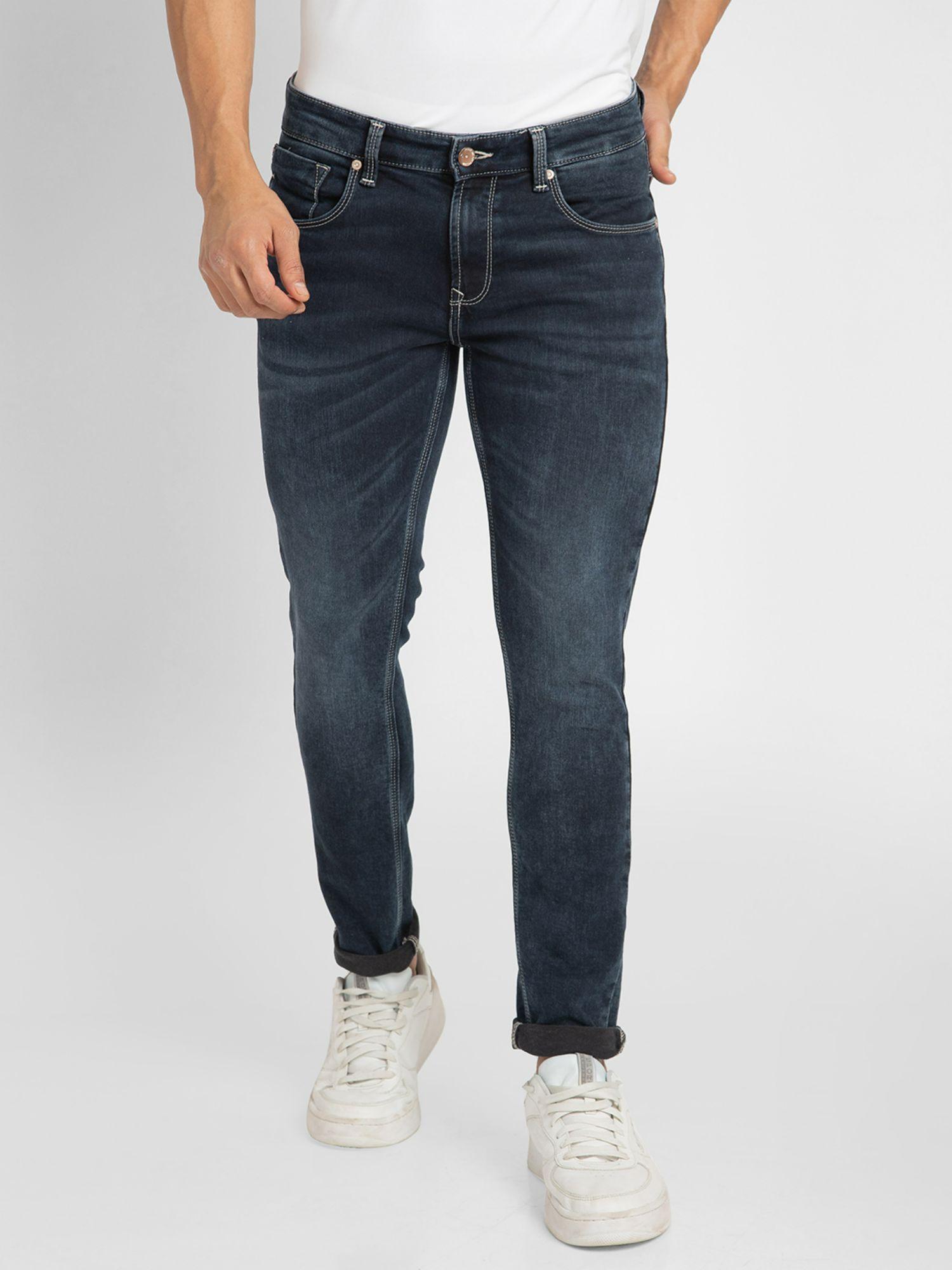 men dark blue cotton super slim fit tapered length jeans (super skinny)