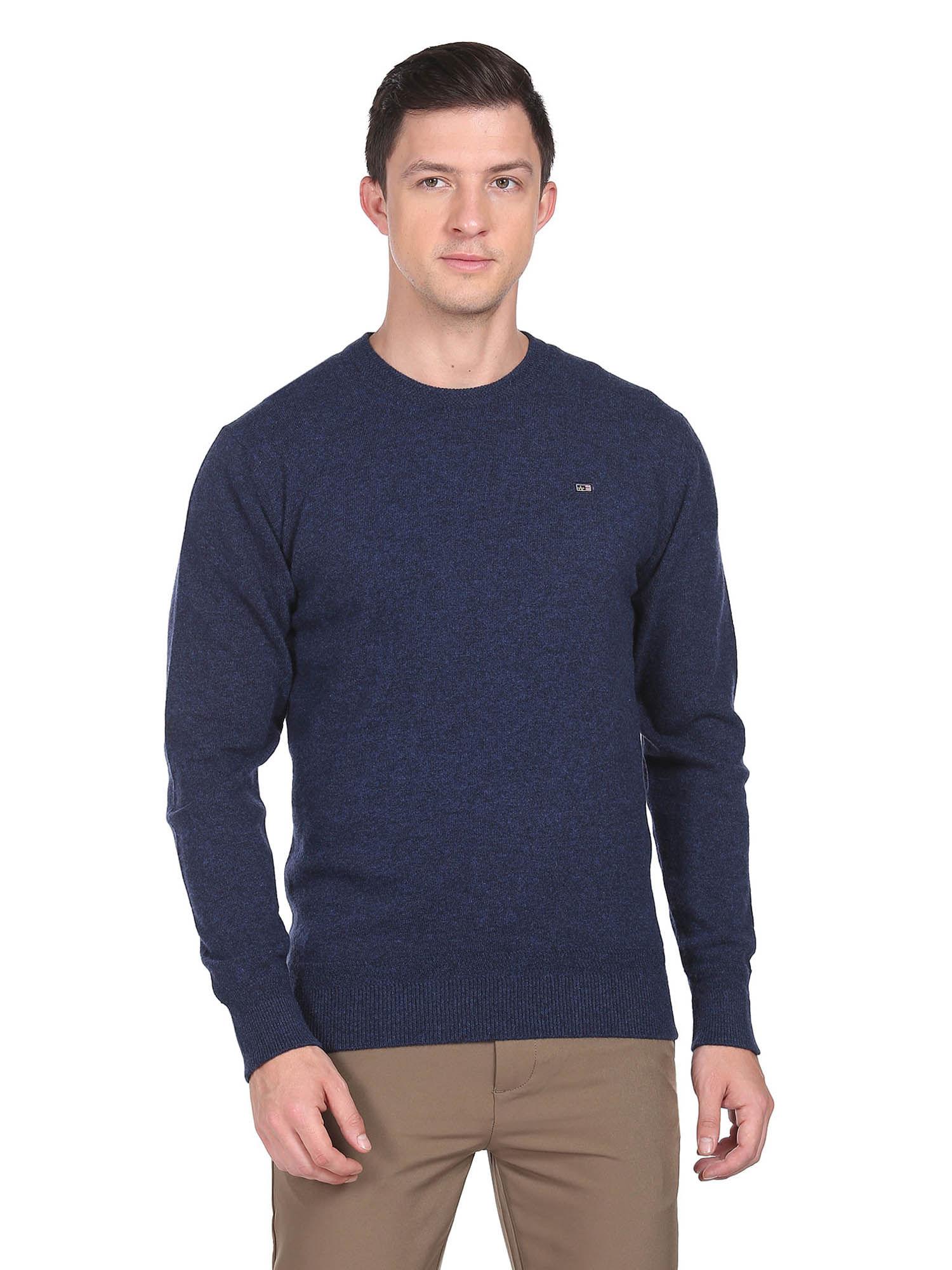 men dark blue crew neck heathered sweater