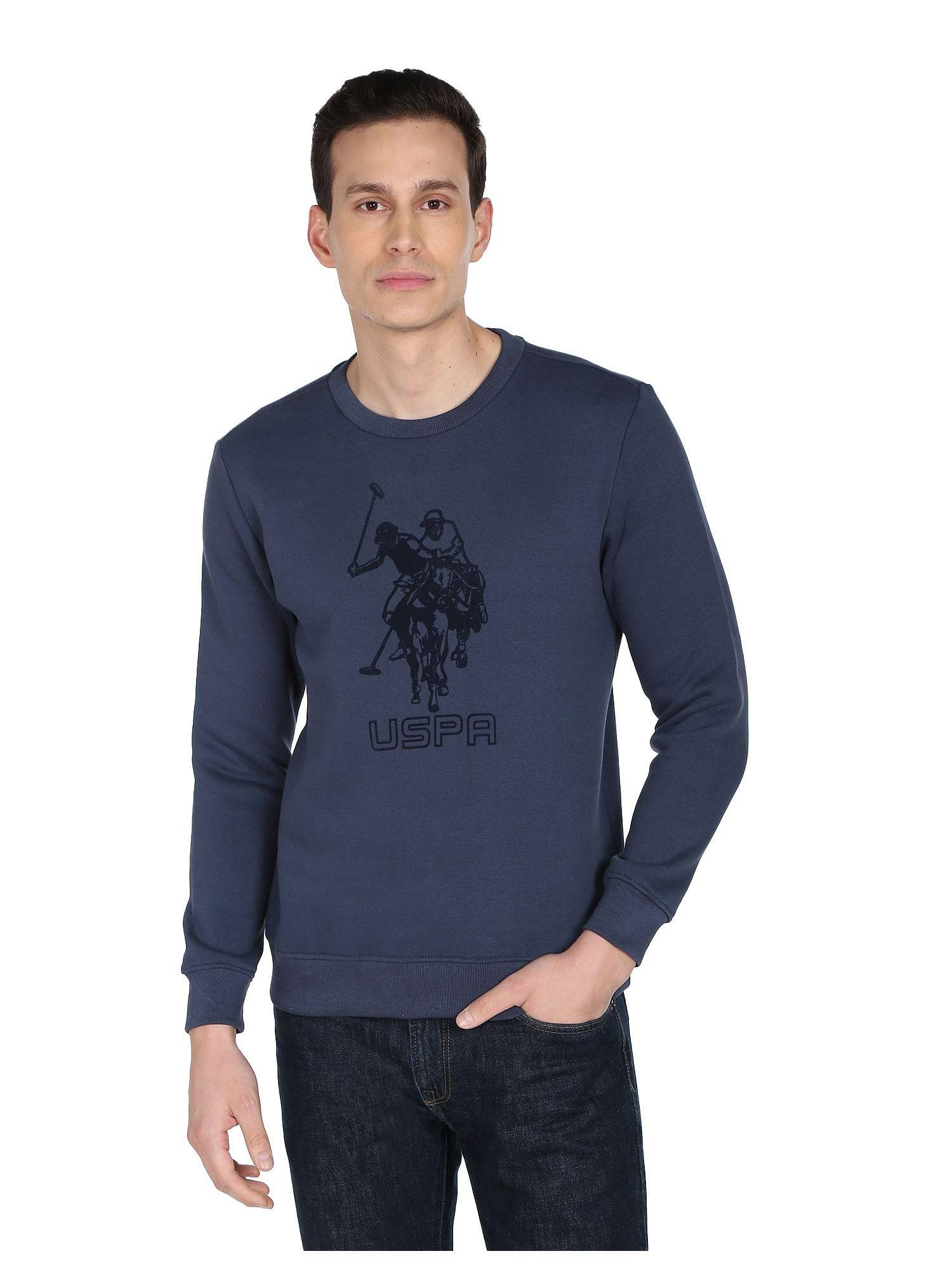 men dark blue crew neck logo sweatshirt
