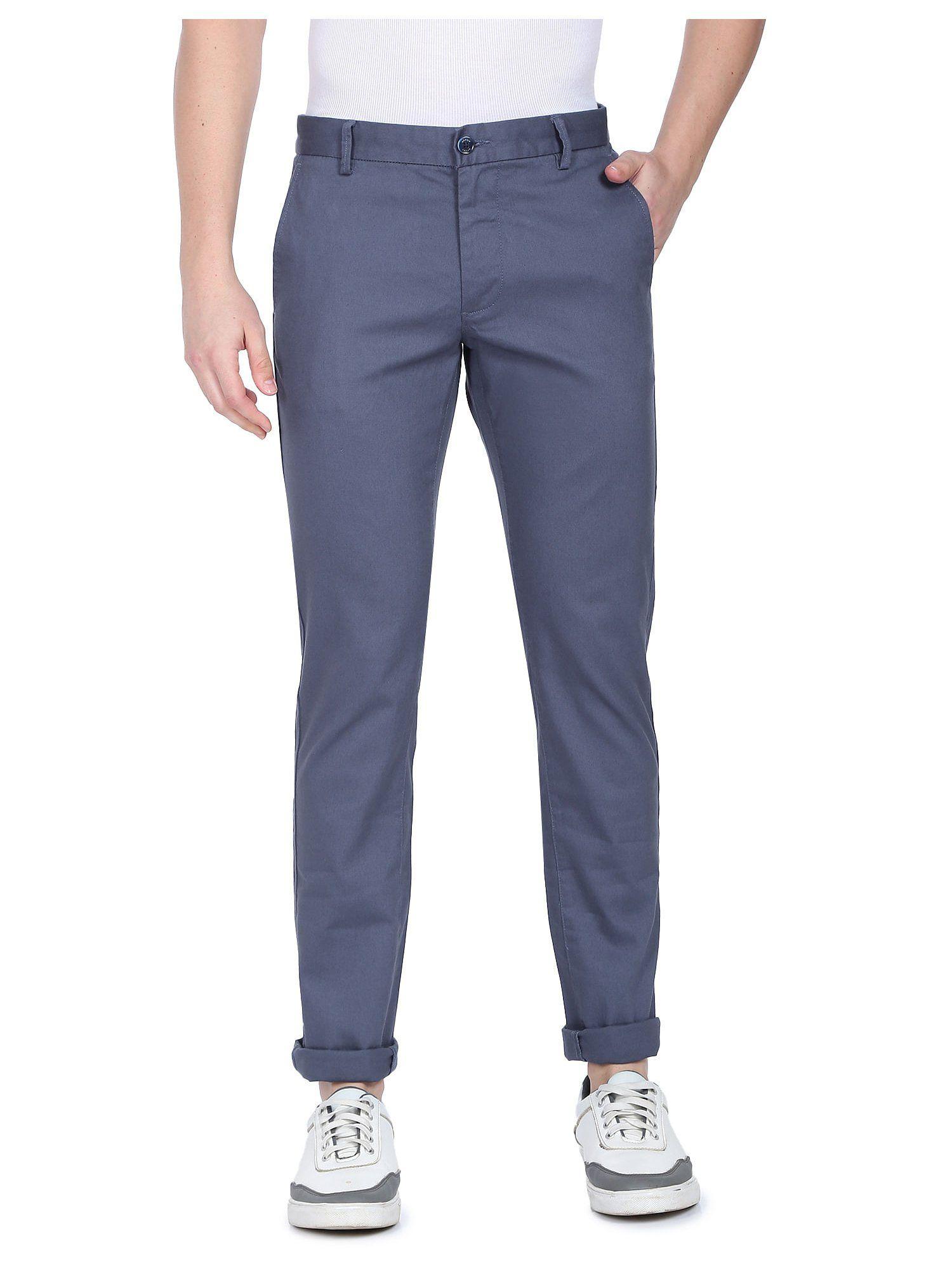 men dark blue flat front solid casual trousers