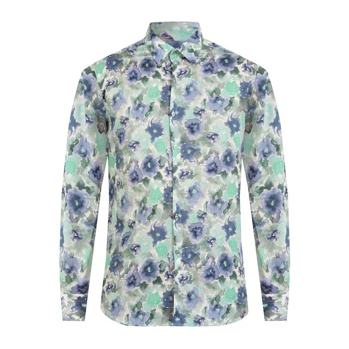 men dark blue floral print slim-fit shirt