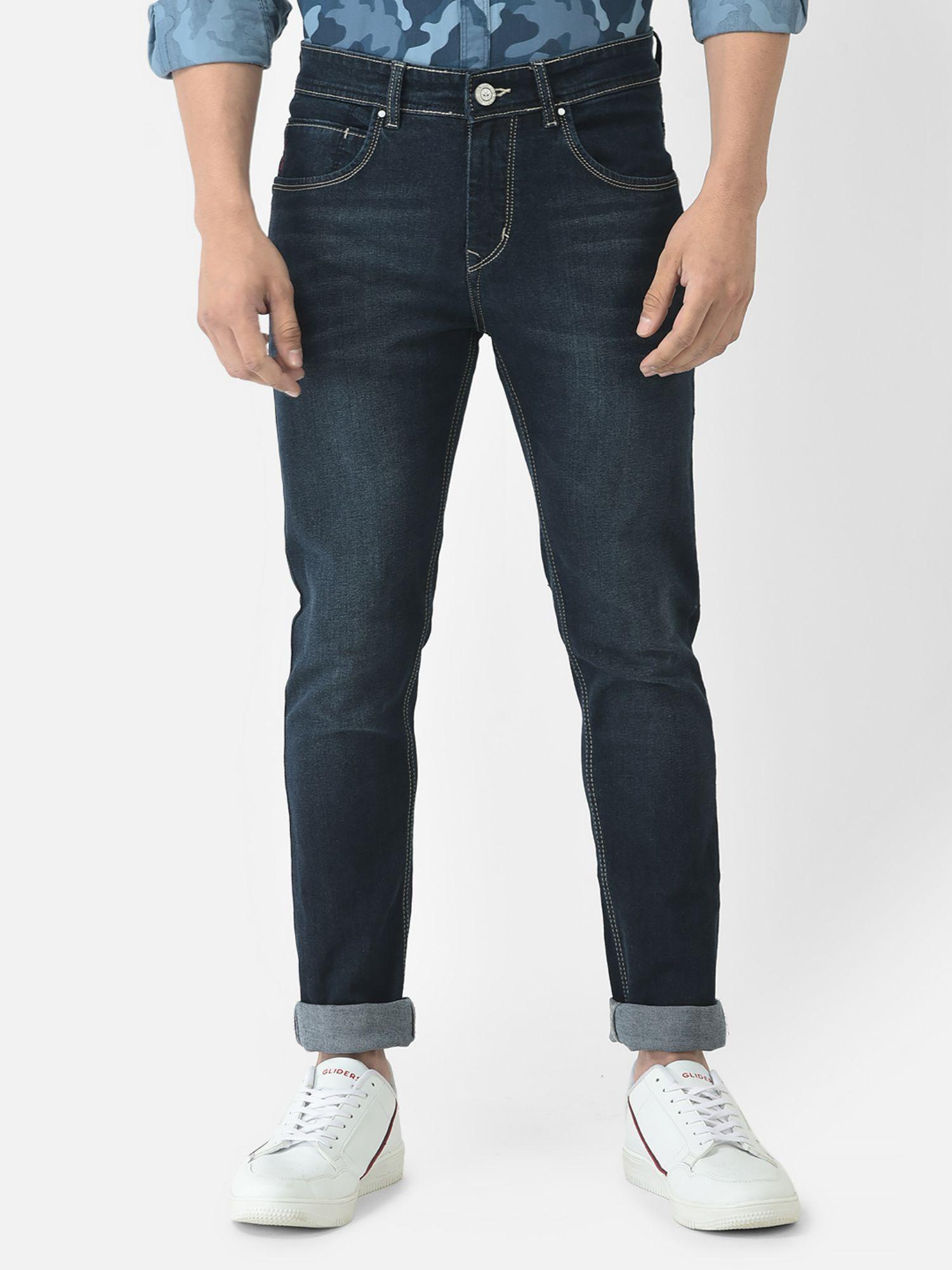 men dark blue jeans with light wash effect