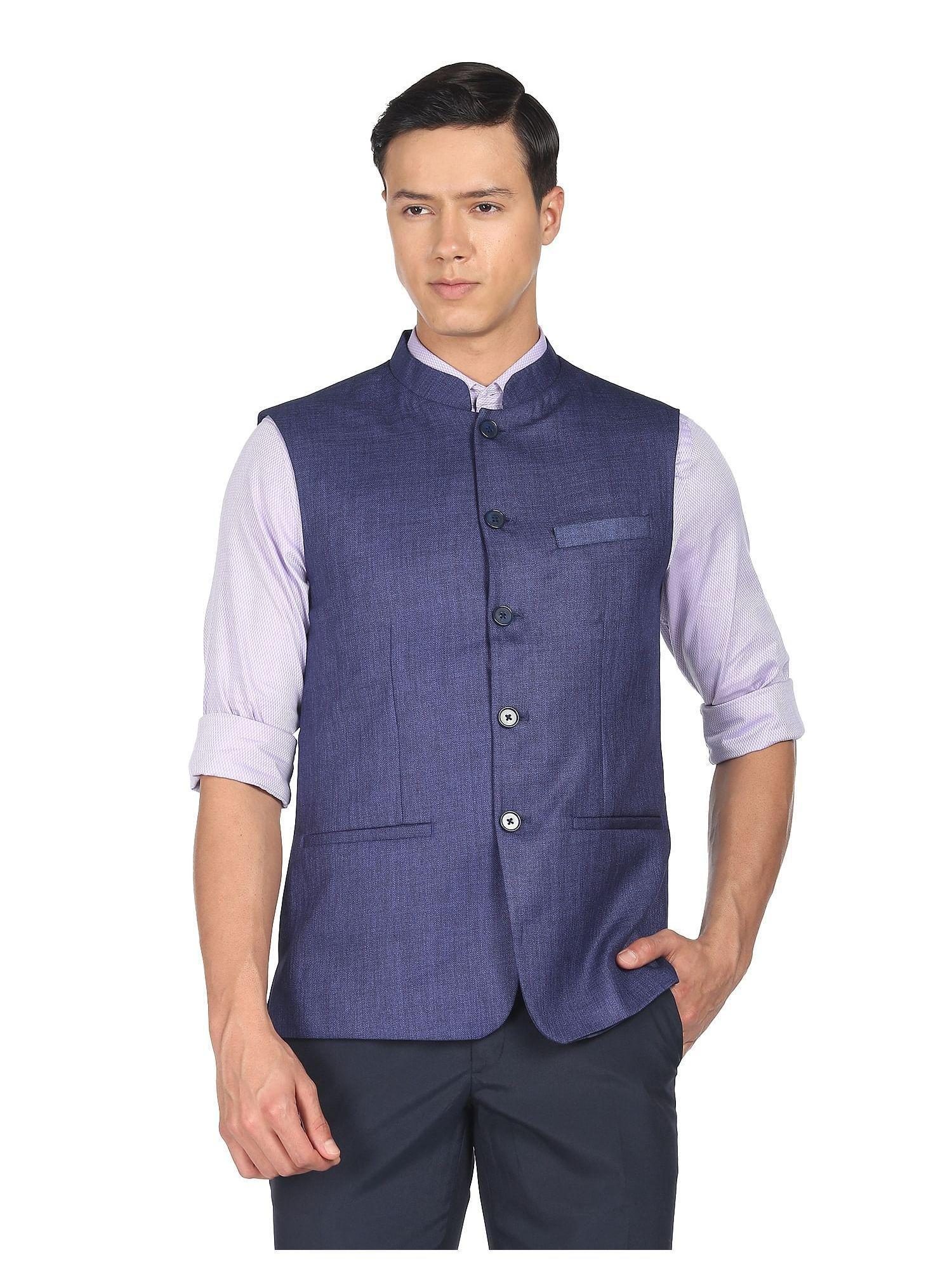 men dark blue mandarin collar nehru jacket