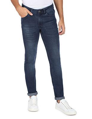 men dark blue mid rise stone wash jeans