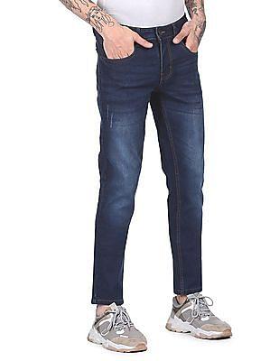 men dark blue mid rise stone wash jeans