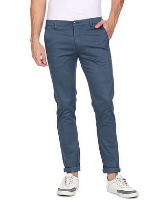men dark blue mid rise textured casual trousers