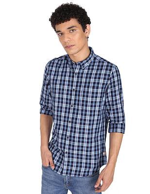 men dark blue plaid check cotton casual shirt