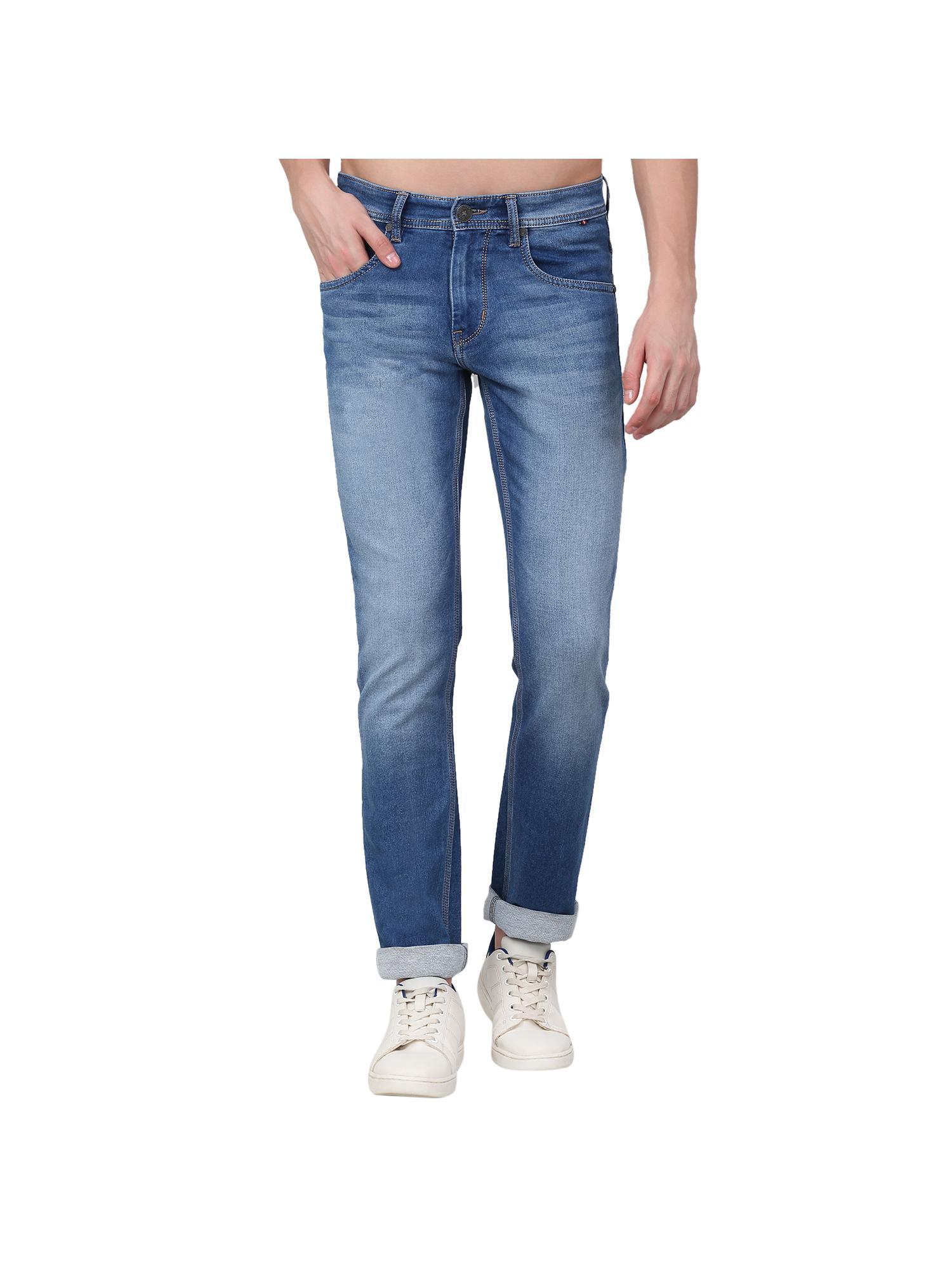 men dark blue solid stretchable jeans