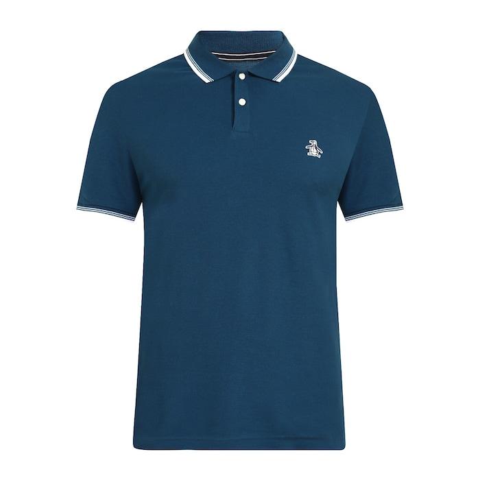 men dark blue solid tipped collar logo polo