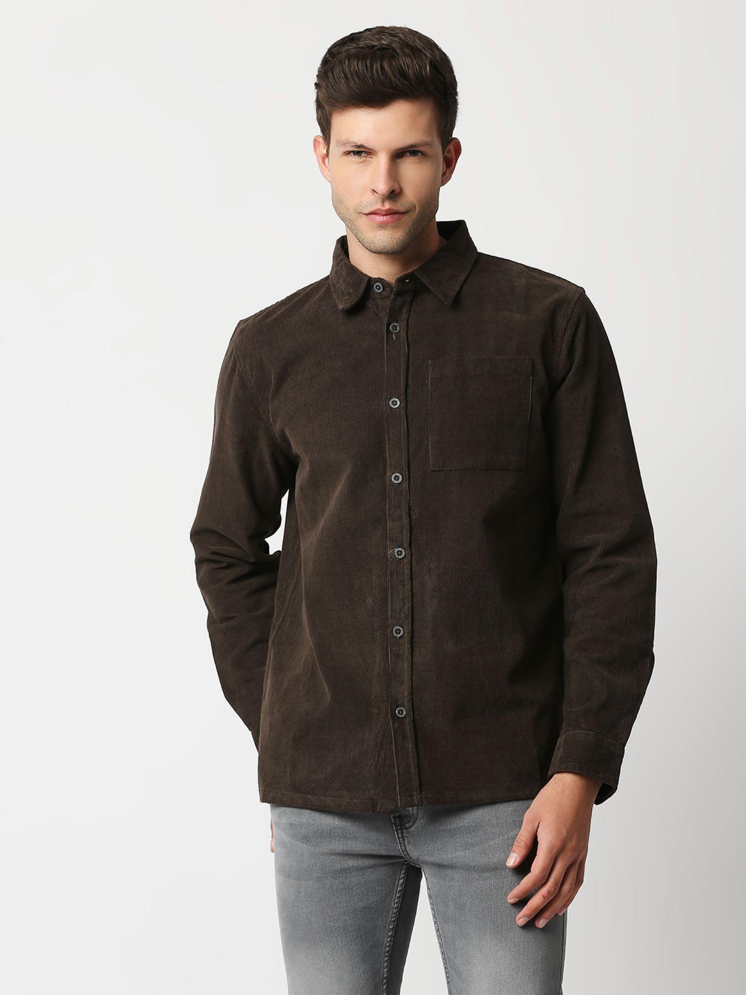 men dark brown full sleeves corduroy baggy shirt with patch pocket