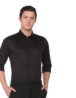men dark brown manhattan slim fit solid cotton formal shirt