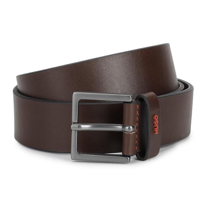 men dark brown pin buckle belt with red branding