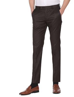 men dark brown solid hudson tailored fit formal trousers