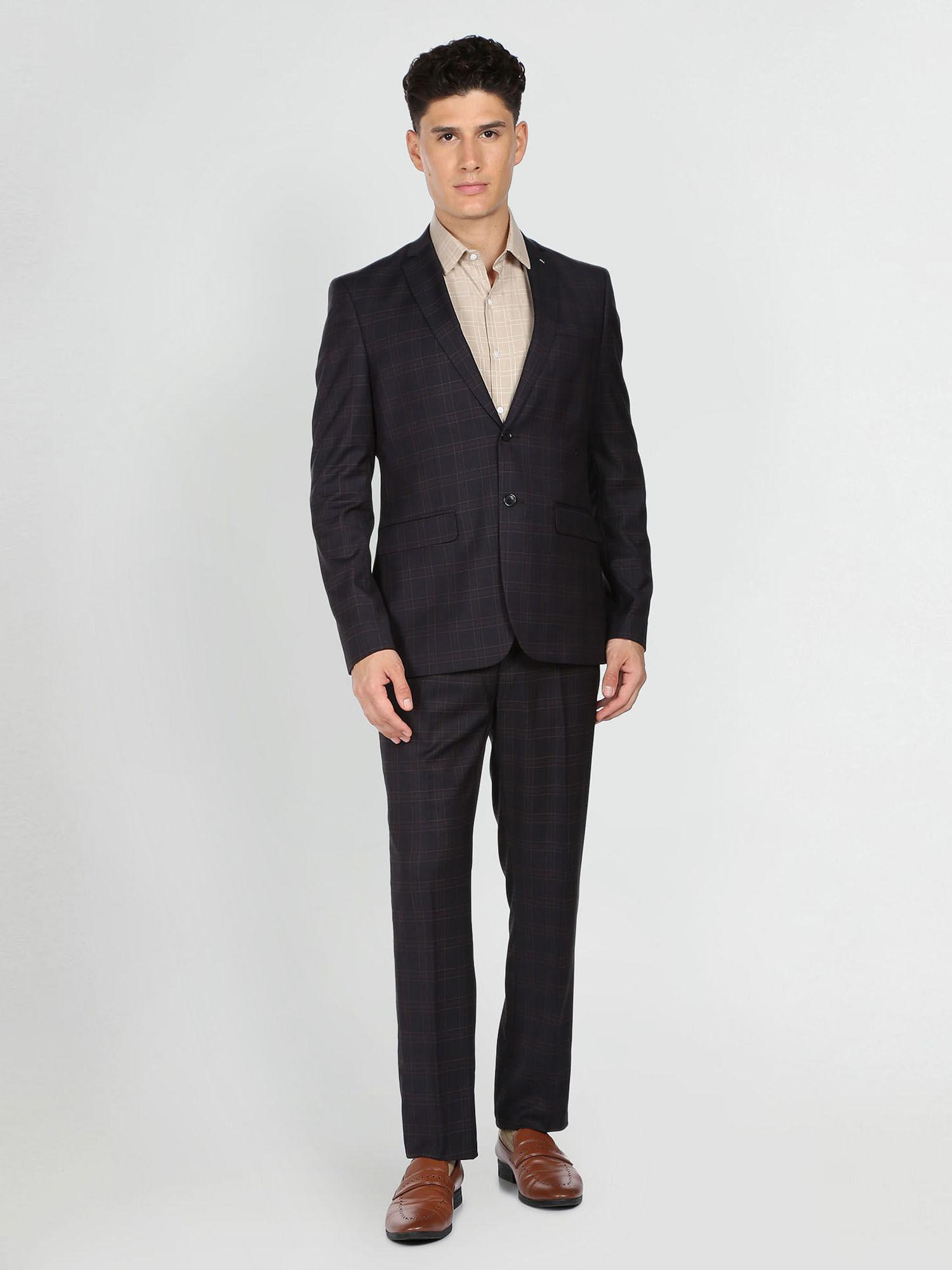 men dark brown tailored regular fit tartan check two piece suit (set of 2)