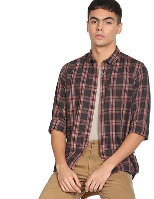 men dark brown tartan check cotton casual shirt