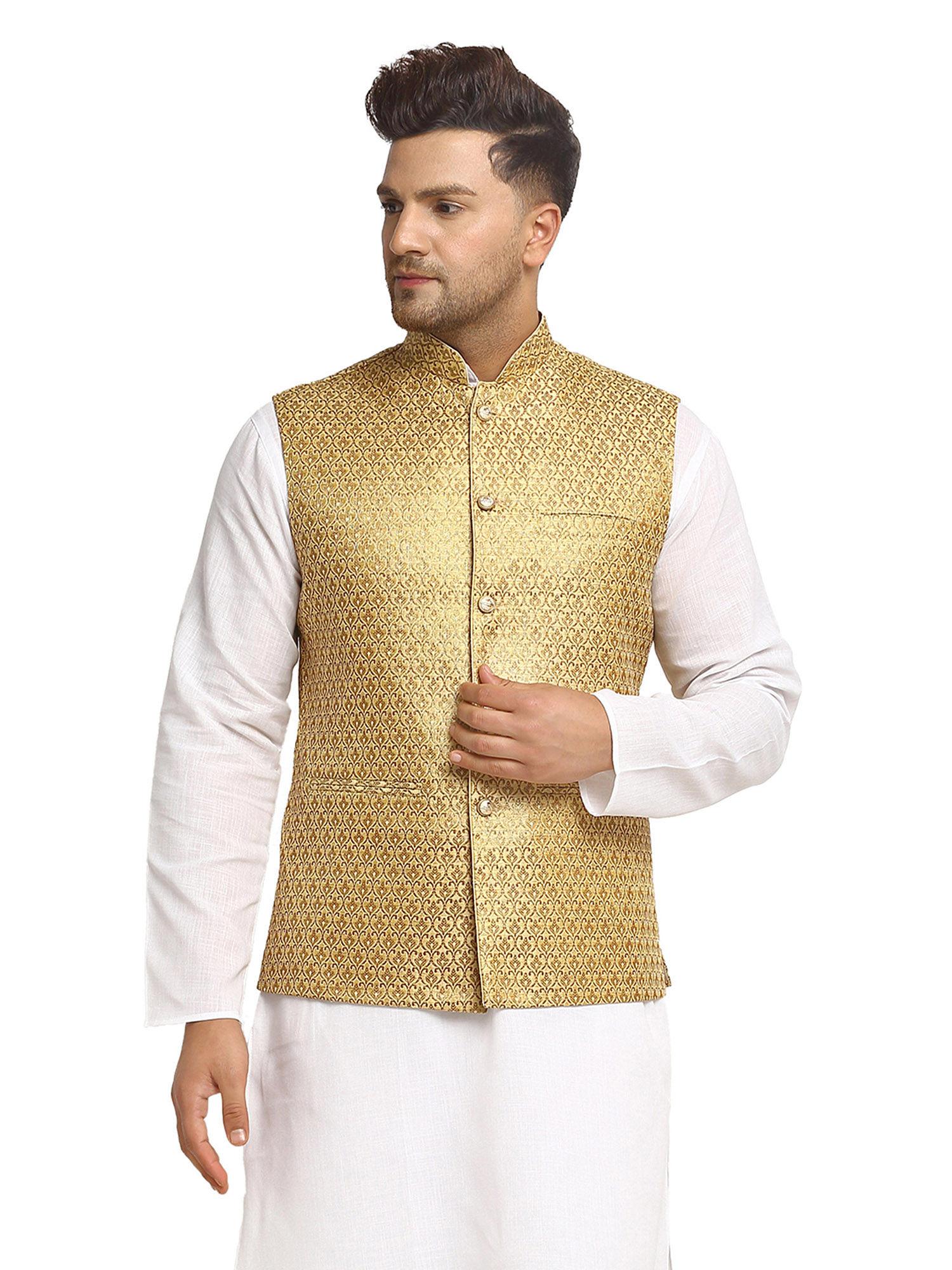 men dark golden brocade nehru jacket with golden work