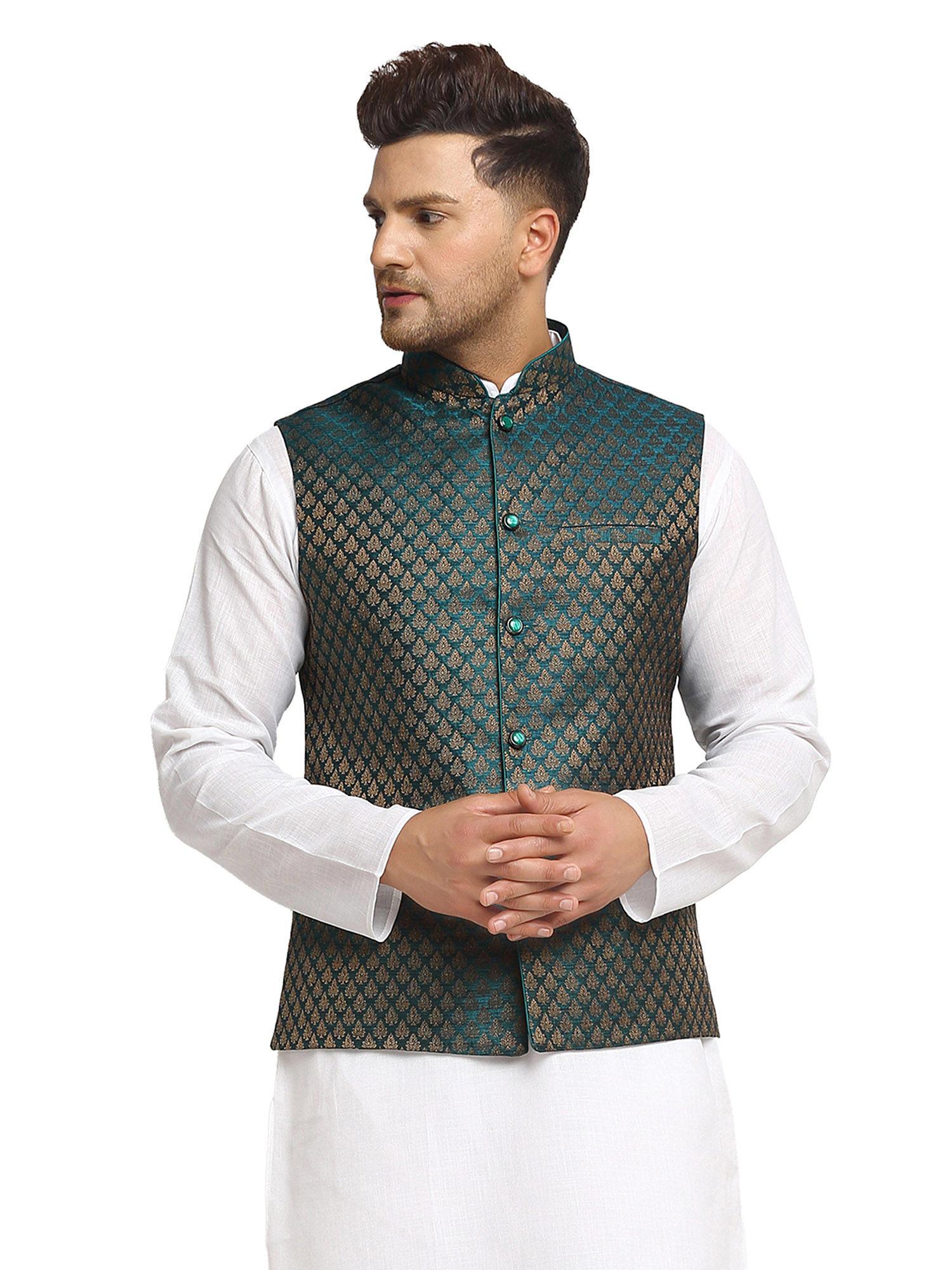 men dark green brocade nehru jacket with golden work