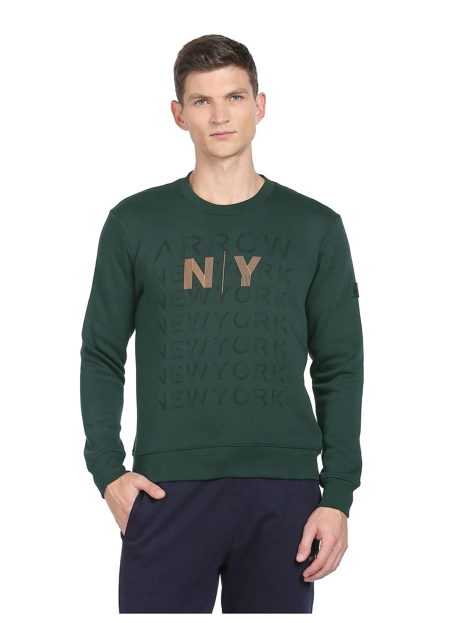 men dark green crew neck brand print sweatshirt