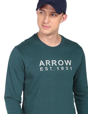 men dark green crew neck brand print sweatshirt