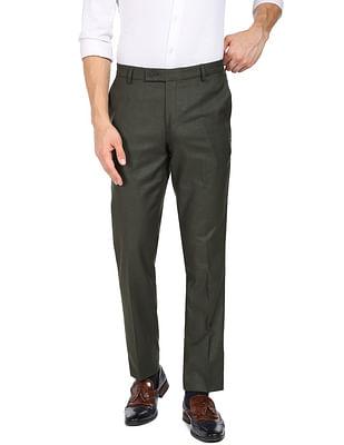 men dark green hudson regular fit solid formal trousers