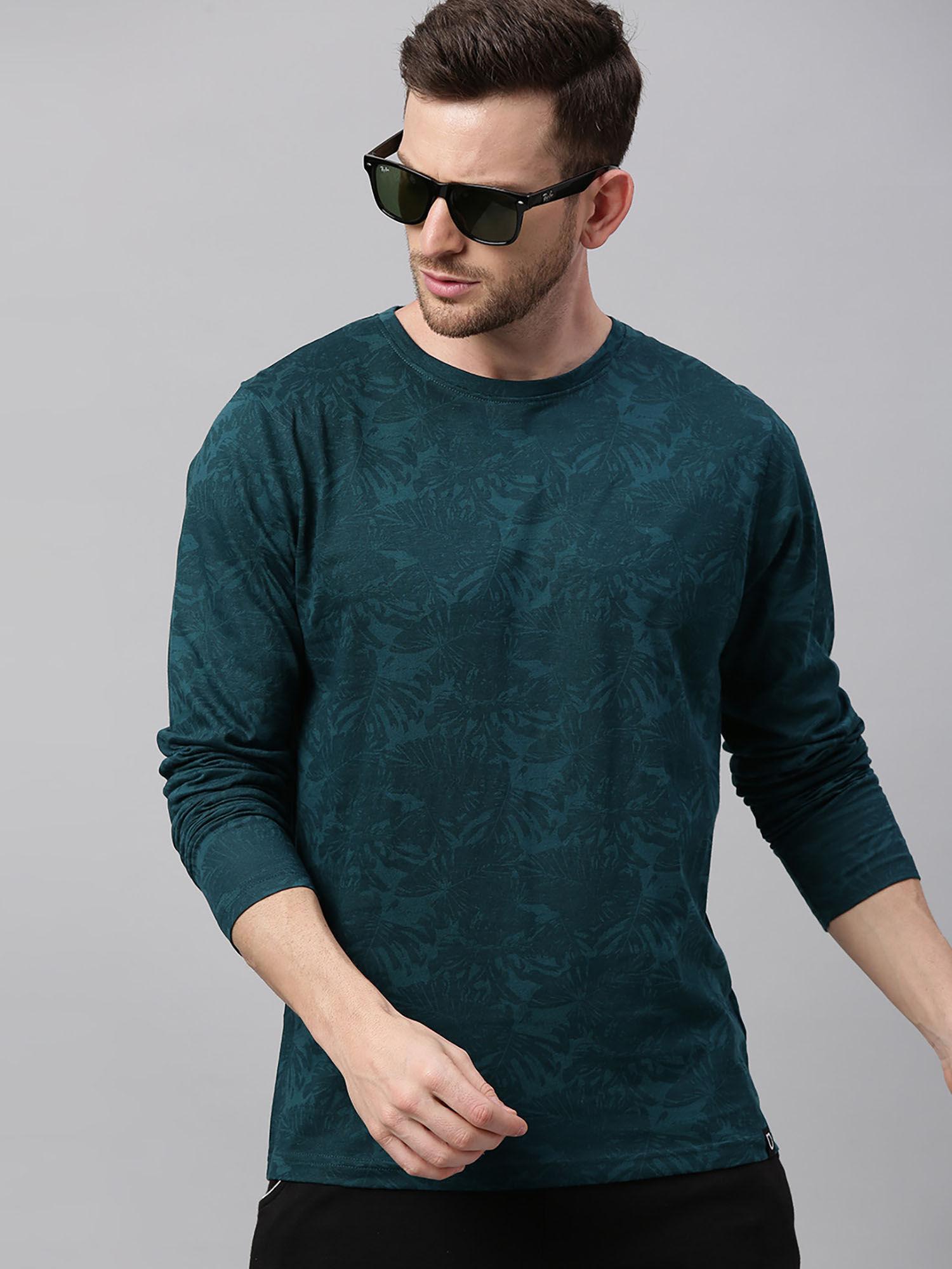 men dark green printed full sleeve slim fit t-shirt