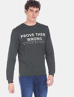 men dark green ribbed crew neck printed sweatshirt