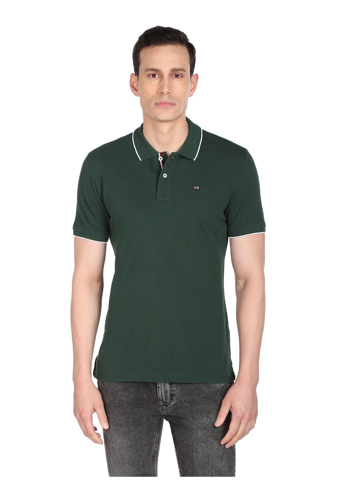 men dark green solid compact cotton polo shirt