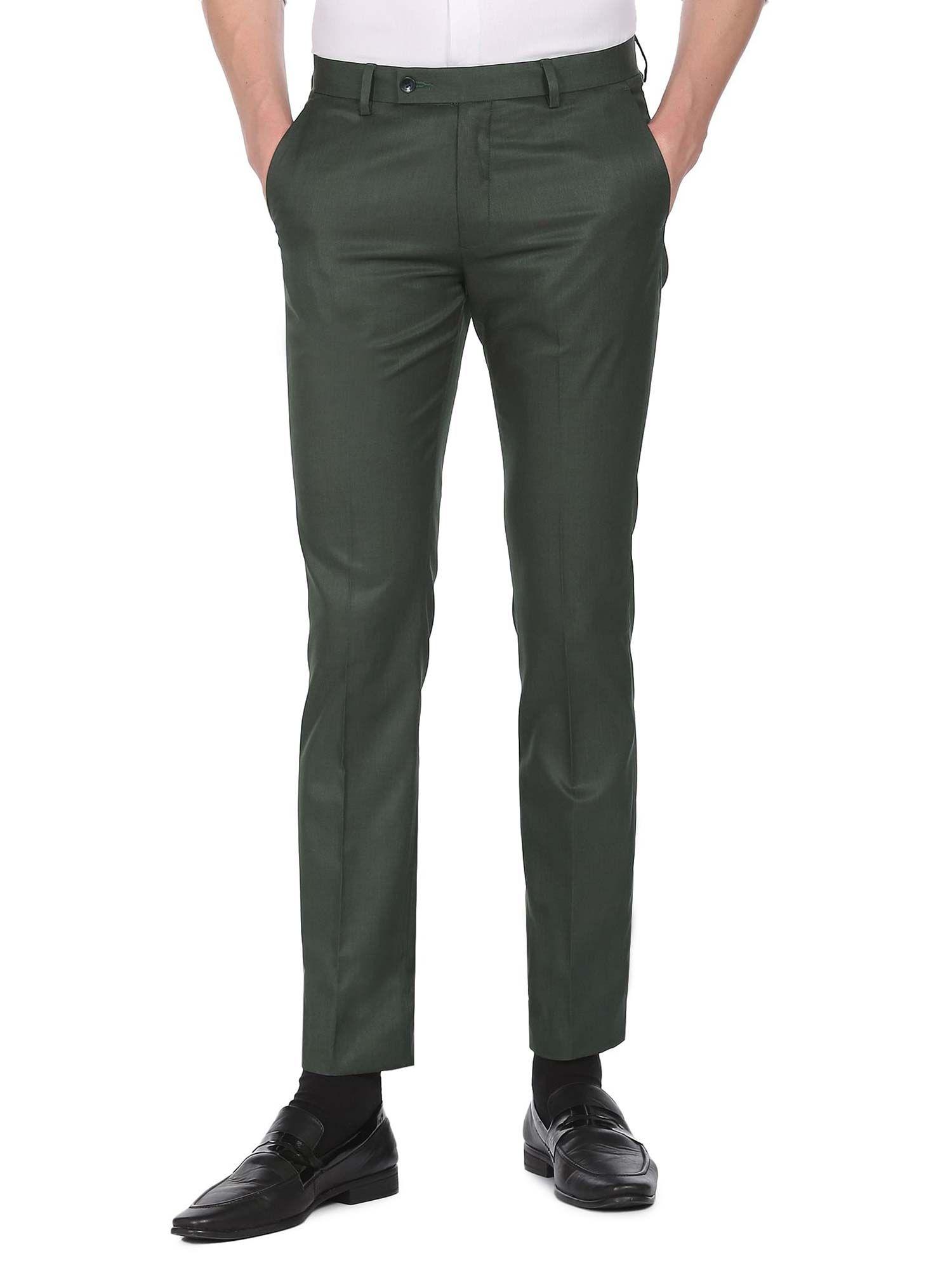 men dark green solid hudson tailored fit formal trousers