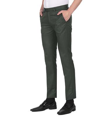 men dark green solid hudson tailored fit formal trousers